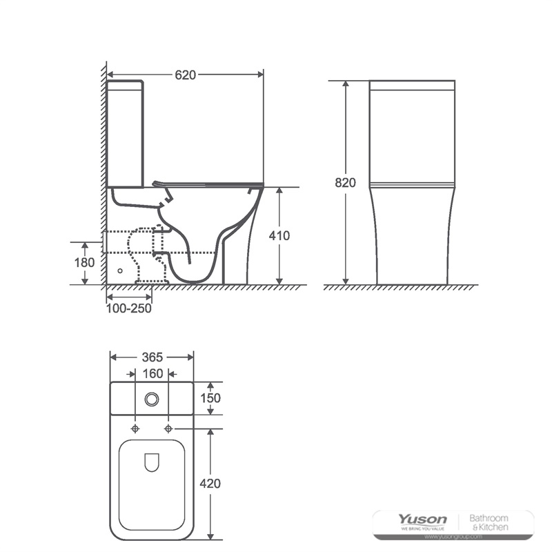 YS22291P2 2-delt kantløst keramisk toilet, P-trap vasketoilet;