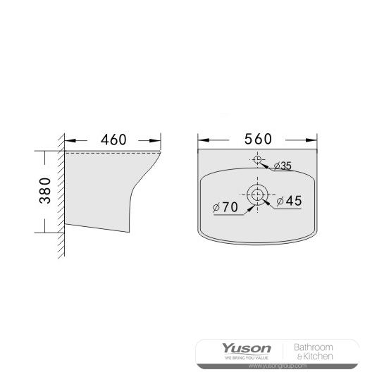 YS26636 Keramisk vægmonteret håndvask, totemvask i ét stykke;