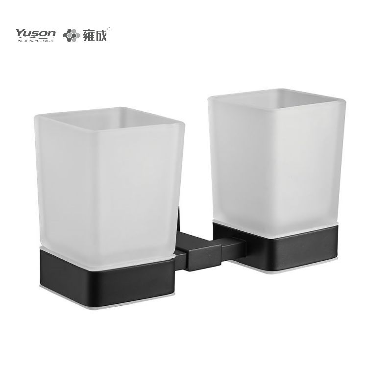 13484D Elegant badeværelsestilbehør, Dobbelt-kop-glasholder, med frostet/hærdet glas-kop, zink/messing/SUS-glasholder, vægmonteret (serie 13400)